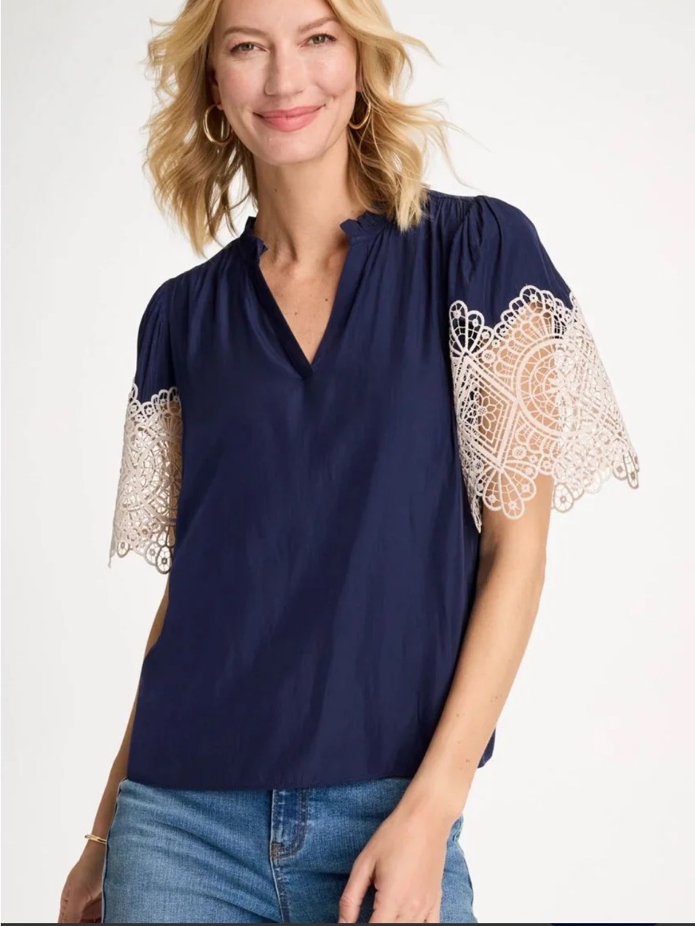 Chico's Navy Blouse with Cream Lace Flutter Sleeves